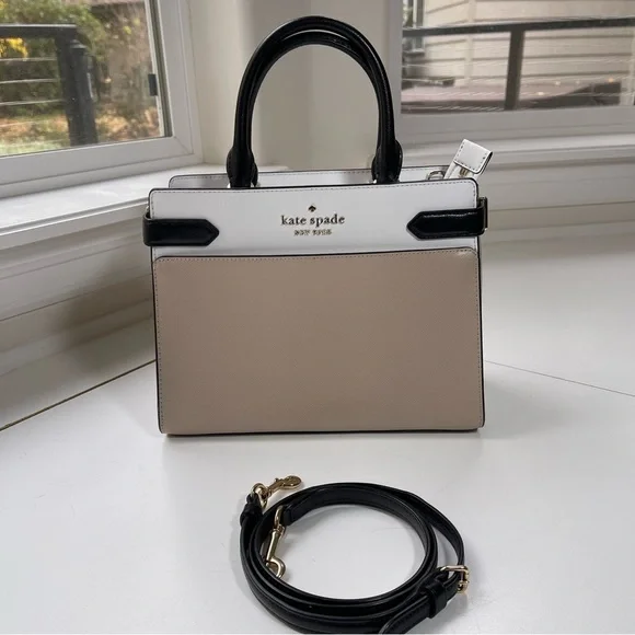 Kate Spade Staci Medium Satchel Crossbody Saffiano Leather Tan White Black - Picture 2 of 16